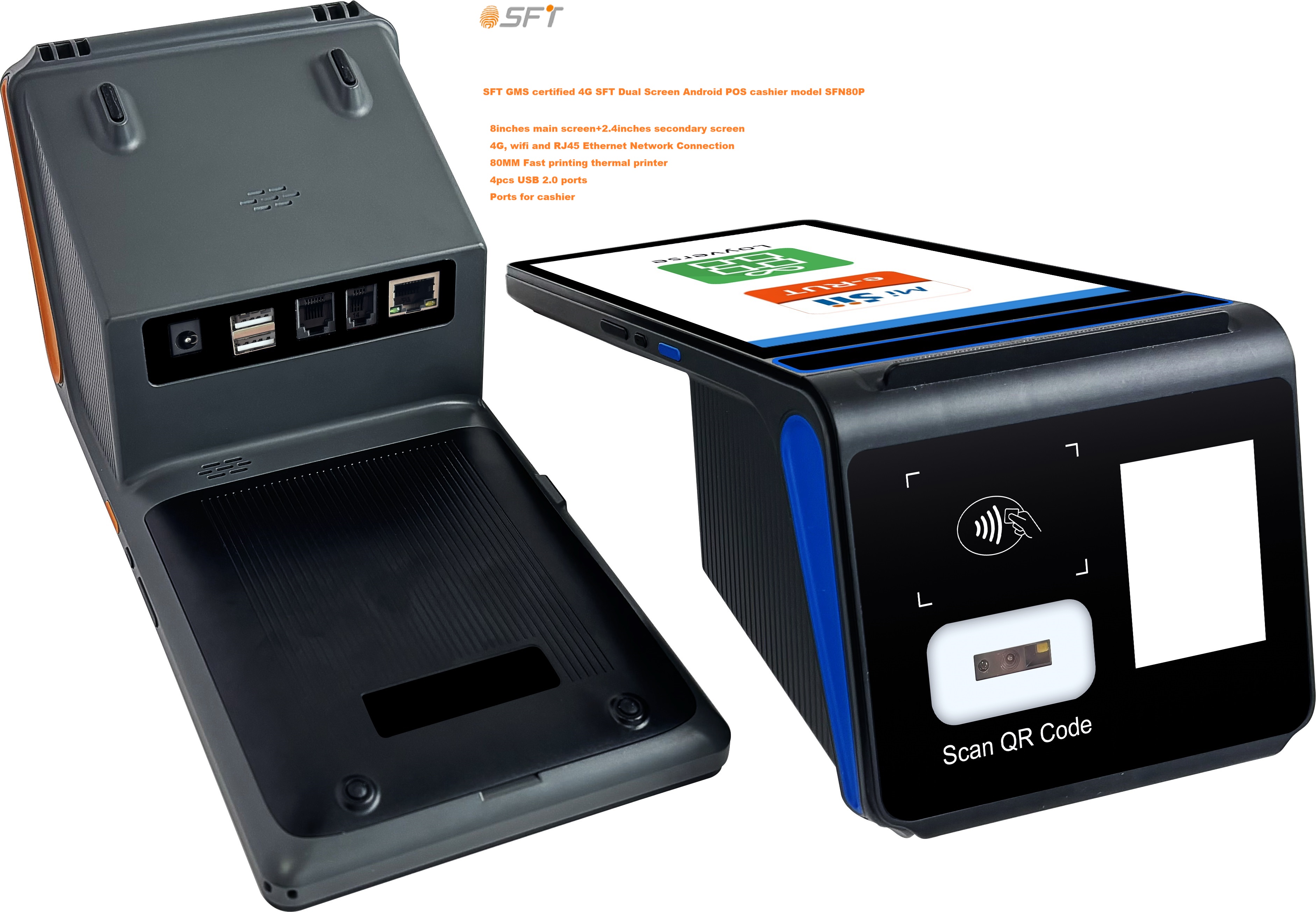 Cajero POS Android portátil de doble pantalla actualizado a la versión POS Android 14 con certificación GMS